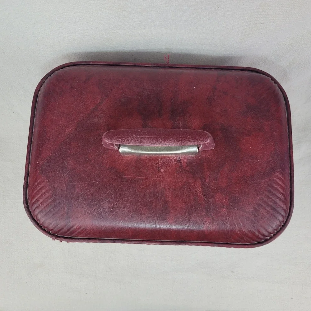 Vintage Burgundy Faux Leather Train Case Vanity Makeup Box Mid Century Travel